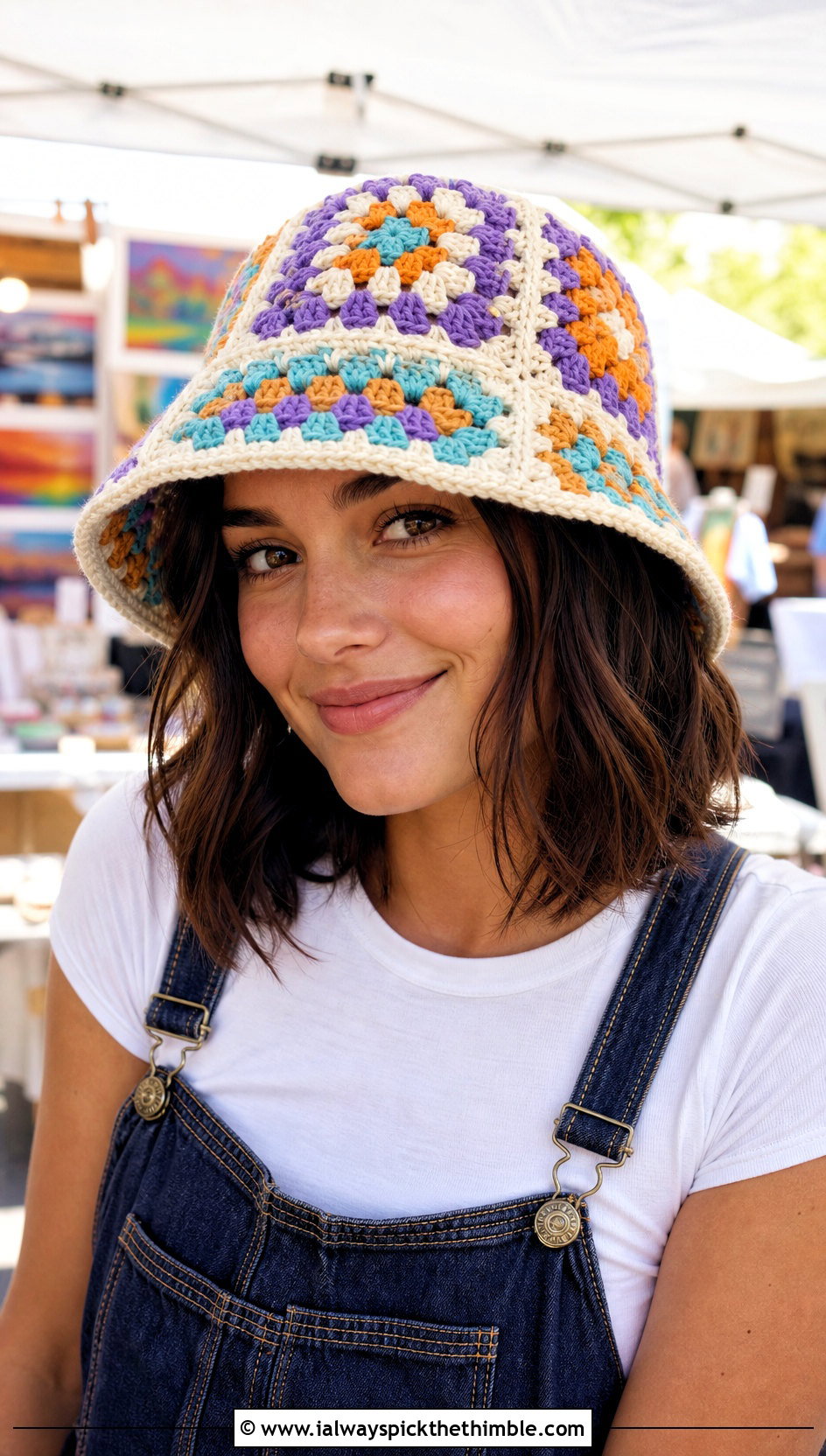 Granny Square Crochet Bucket Hat With Overalls - 20 crochet hat for beginners outfit ideas