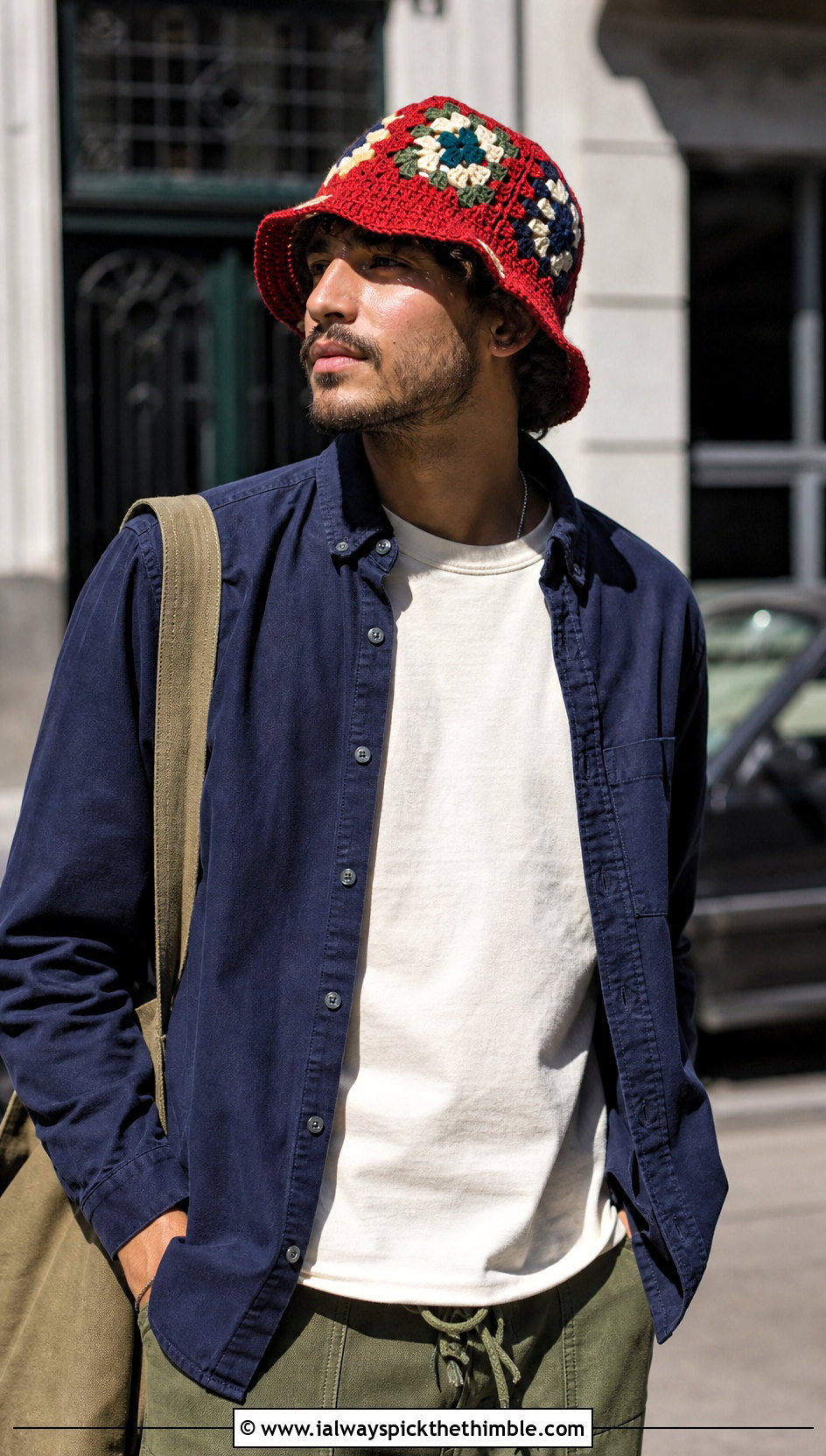 Granny Square Crochet Bucket Hat With Overshirt And Cargo Pants - 15 Crochet Mens Bucket Hat outfit ideas