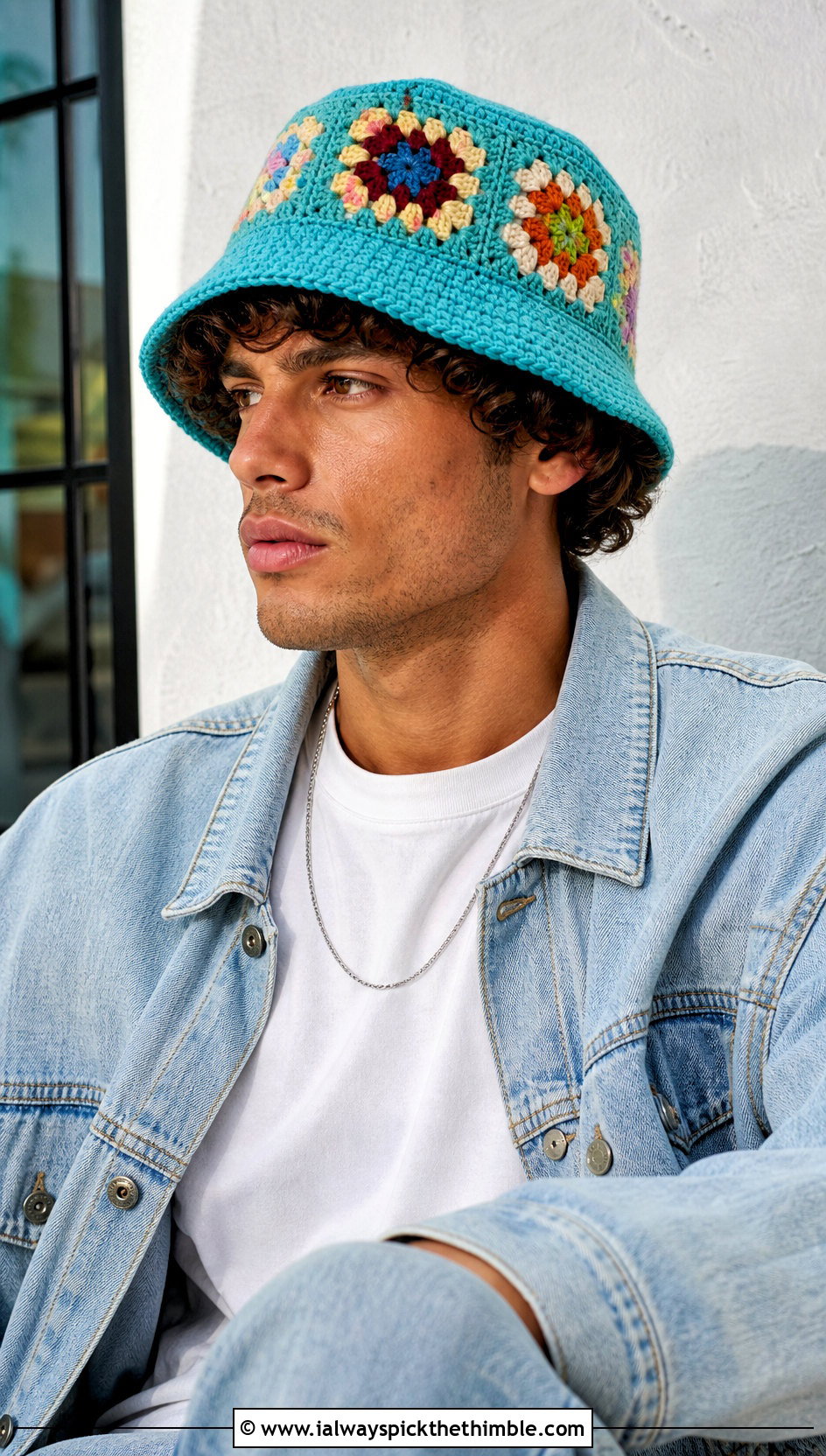 Granny Square Crochet Bucket Hat With T Shirt And Jeans - 25 crochet hat for man outfit ideas