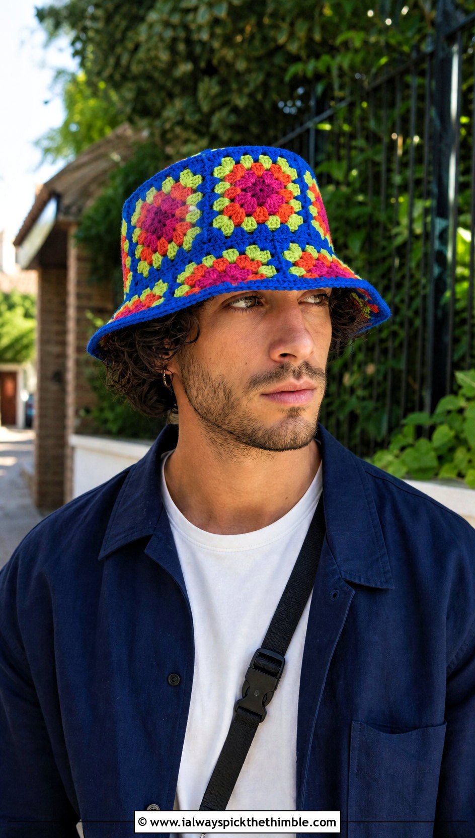 Granny Square Crochet Bucket Hat With T Shirt And Jeans - 25 crochet hat for men outfit ideas