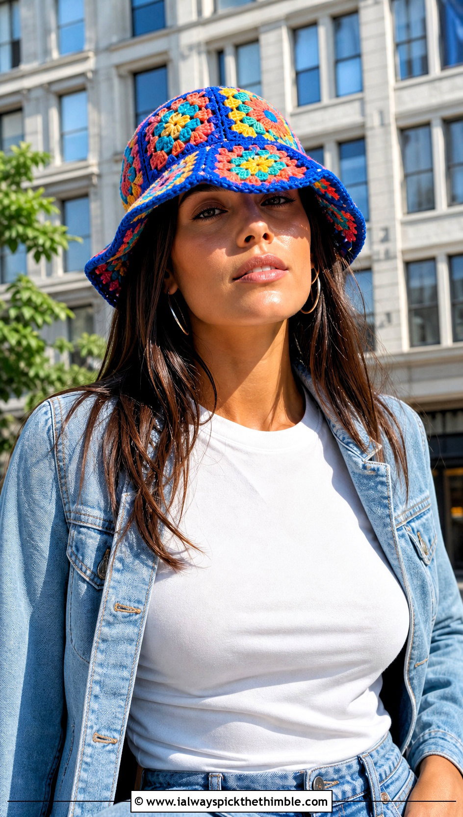 Granny Square Crochet Bucket Hat With T Shirt And Jeans - 25 Crochet Hat Inspo outfit ideas