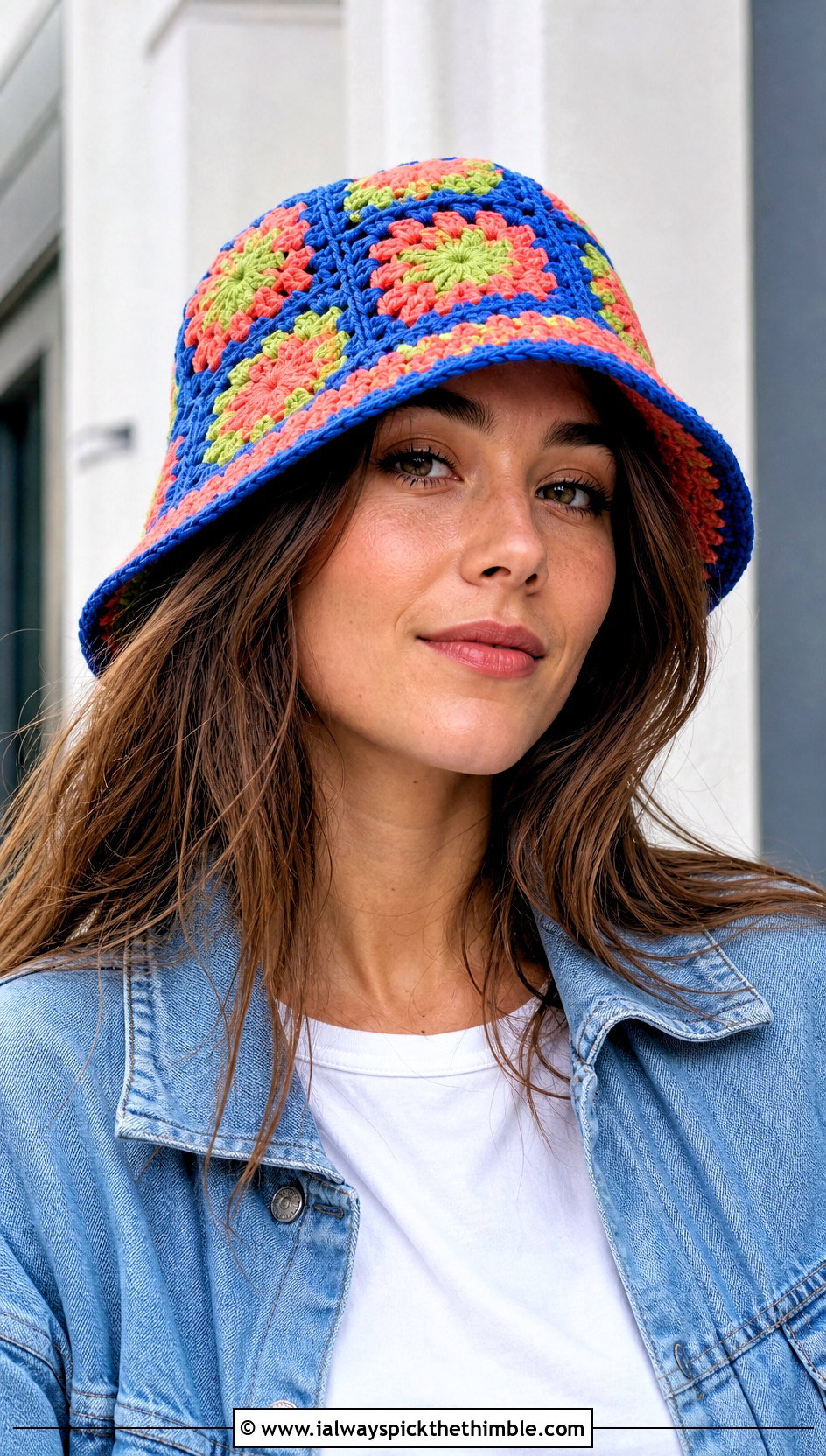 Granny Square Crochet Bucket Hat With T Shirt And Jeans - 25 women crochet hat outfit ideas