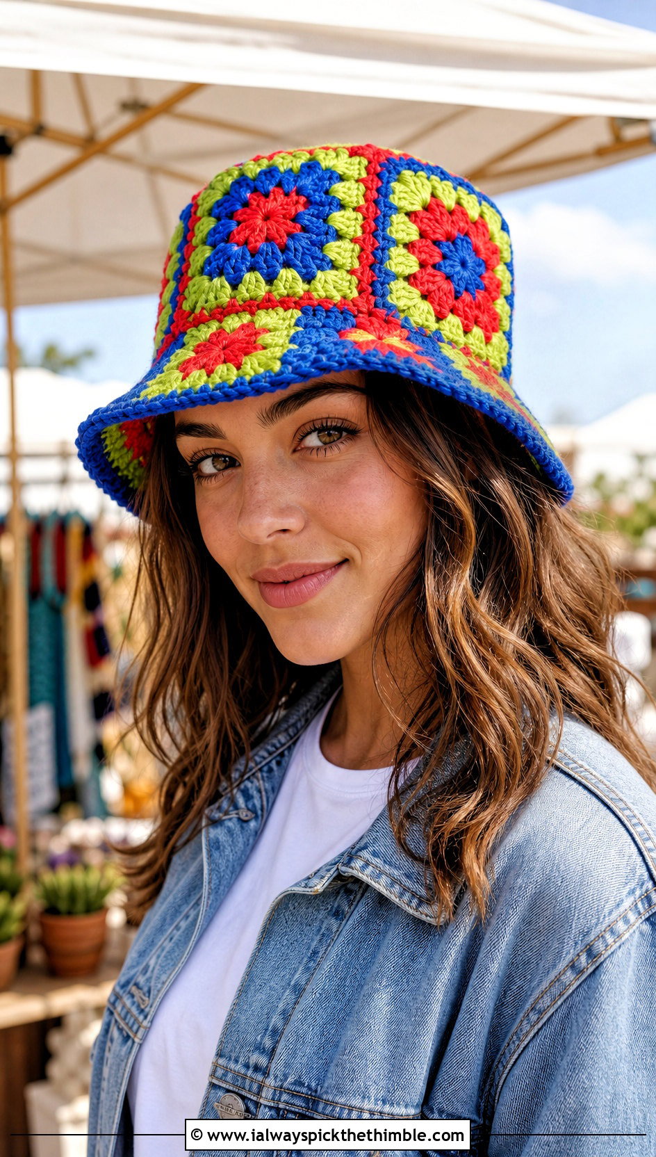 Granny Square Crochet Bucket Hat With T Shirt And Jeans - 20 Quick Crochet Hats outfit ideas