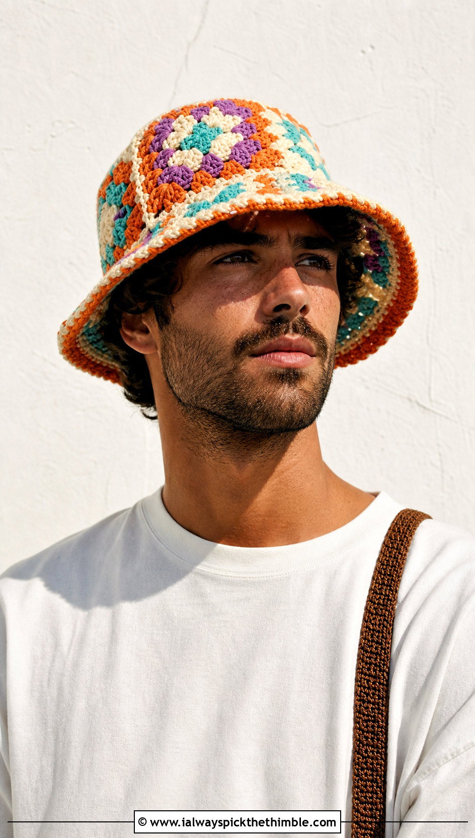 Granny Square Crochet Bucket Hat With White T Shirt - 25 crochet hats men outfit ideas