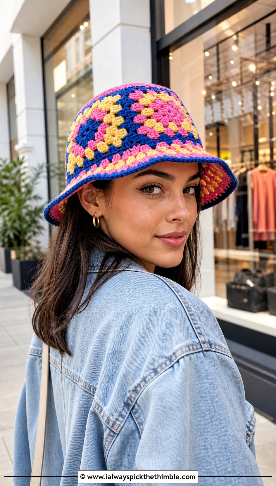Granny Square Crochet Bucket Hat With White T Shirt And Jeans - 25 crochet hat outfit ideas