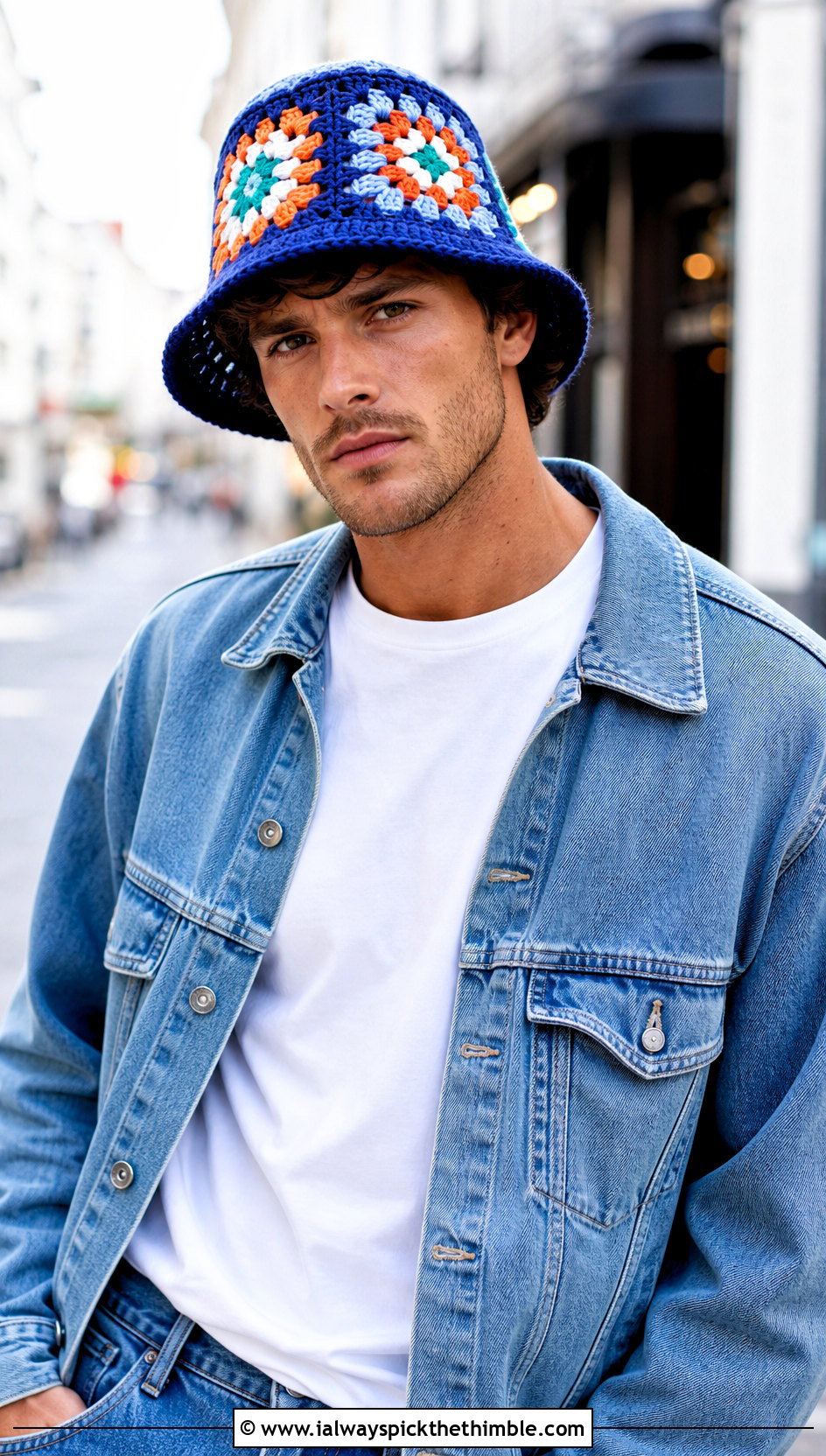 Granny Square Crochet Bucket Hat With White T Shirt And Jeans - 20 men's crochet hats outfit ideas