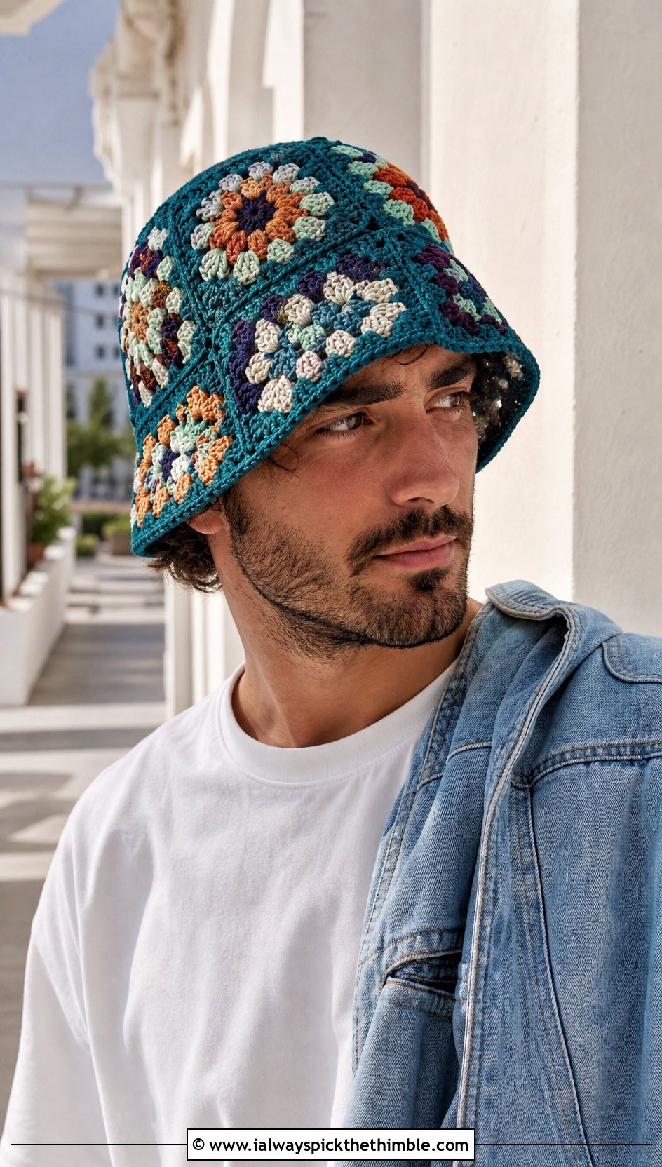Granny Square Crochet Bucket Hat With White T Shirt - 25 crochet hat men outfit ideas