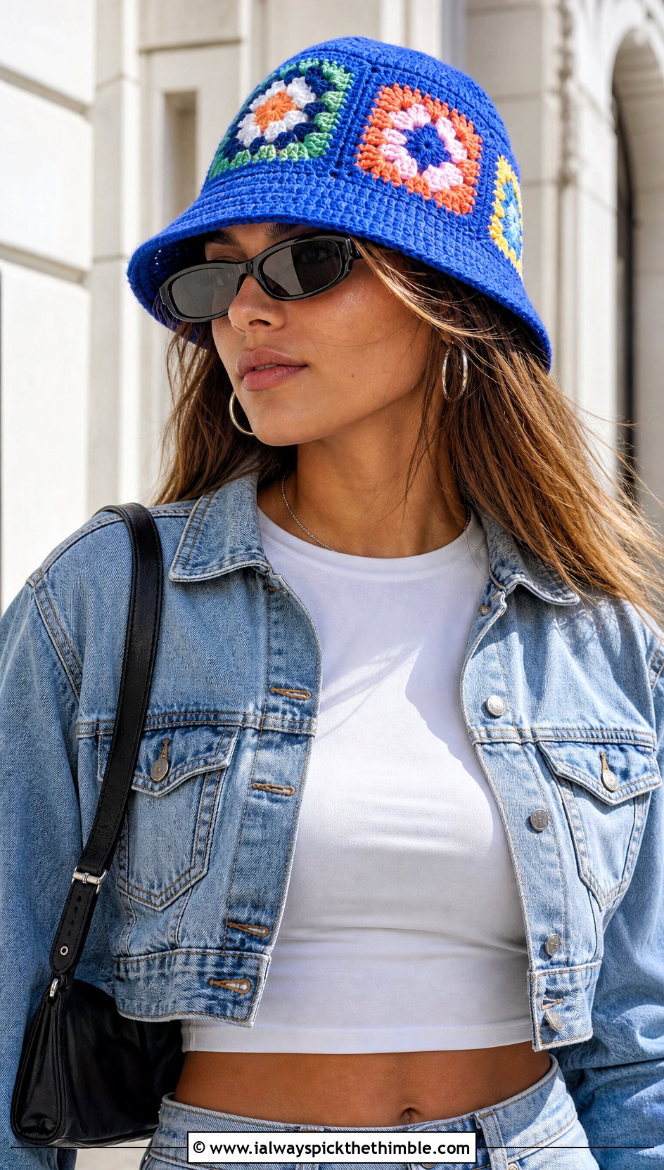 Granny Square Crochet Bucket Hat With Wide Leg Jeans - 20 aesthetic crochet hat ideas