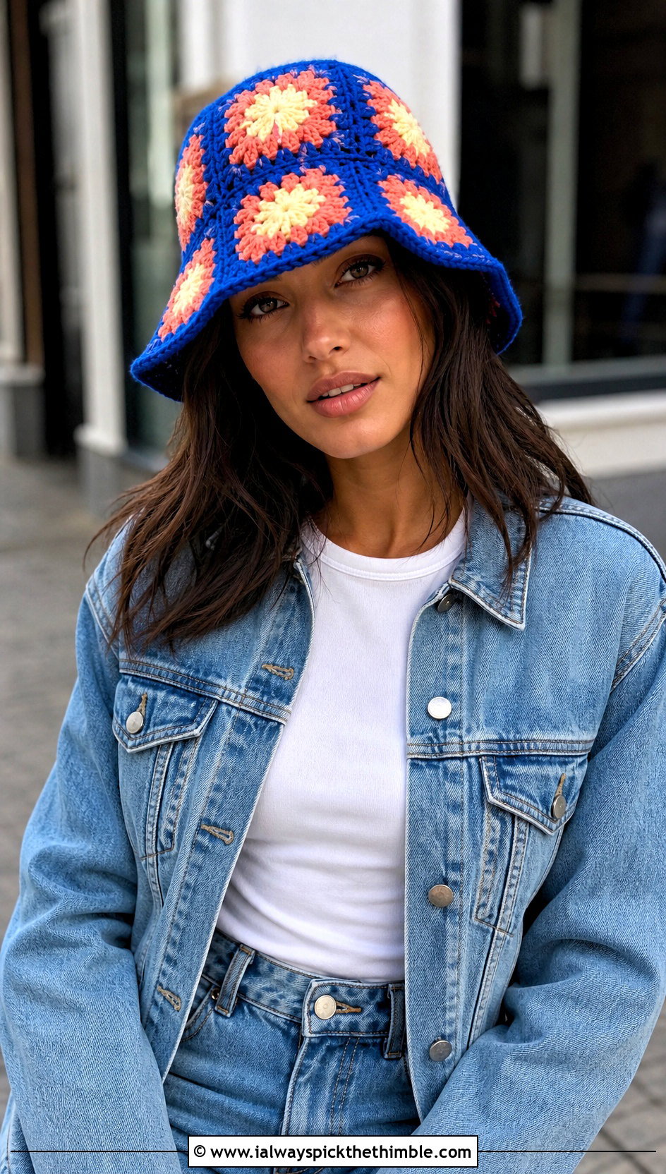 Granny Square Crochet Bucket Hat With Wide Leg Jeans - 20 beginner crochet hat outfit ideas