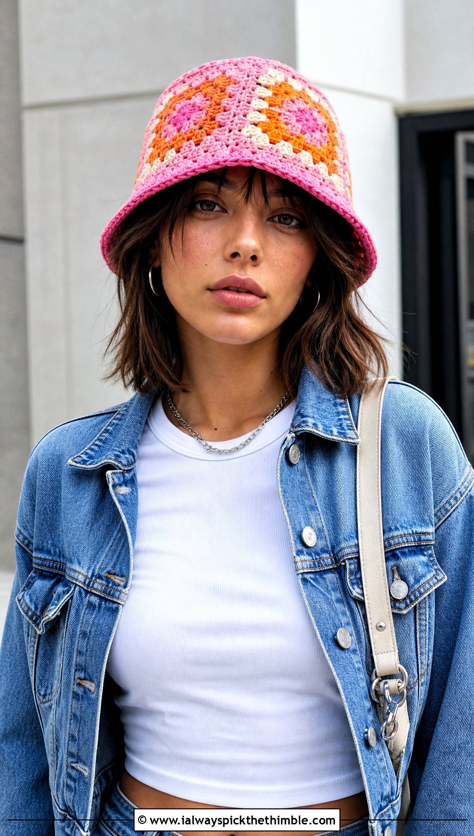 Granny Square Crochet Bucket Hat With Wide Leg Jeans - 20 crochet women's hat outfit ideas