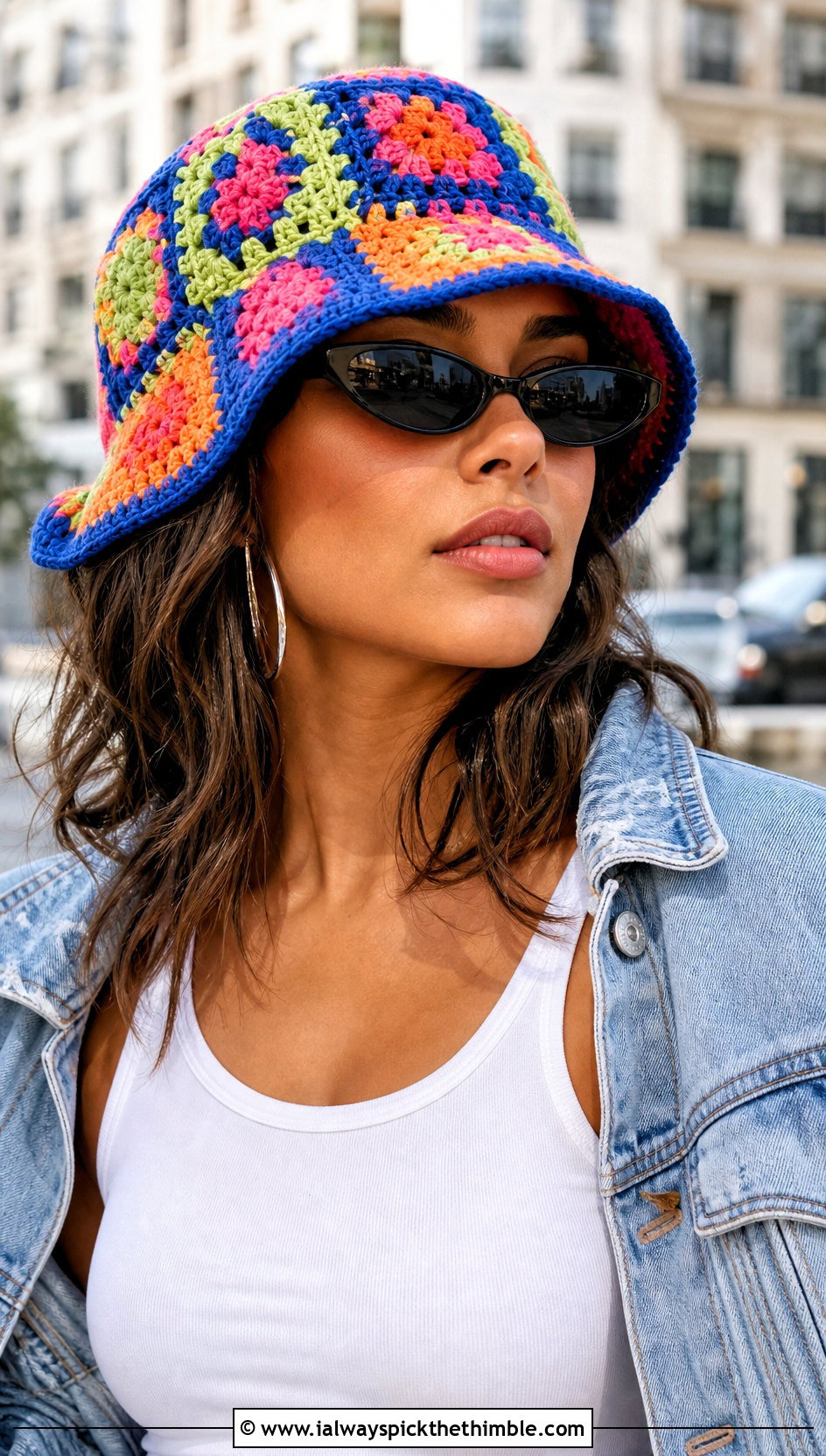 Granny Square Crochet Bucket Hat With Wide Leg Jeans - 20 Cute Crochet Hats outfit ideas