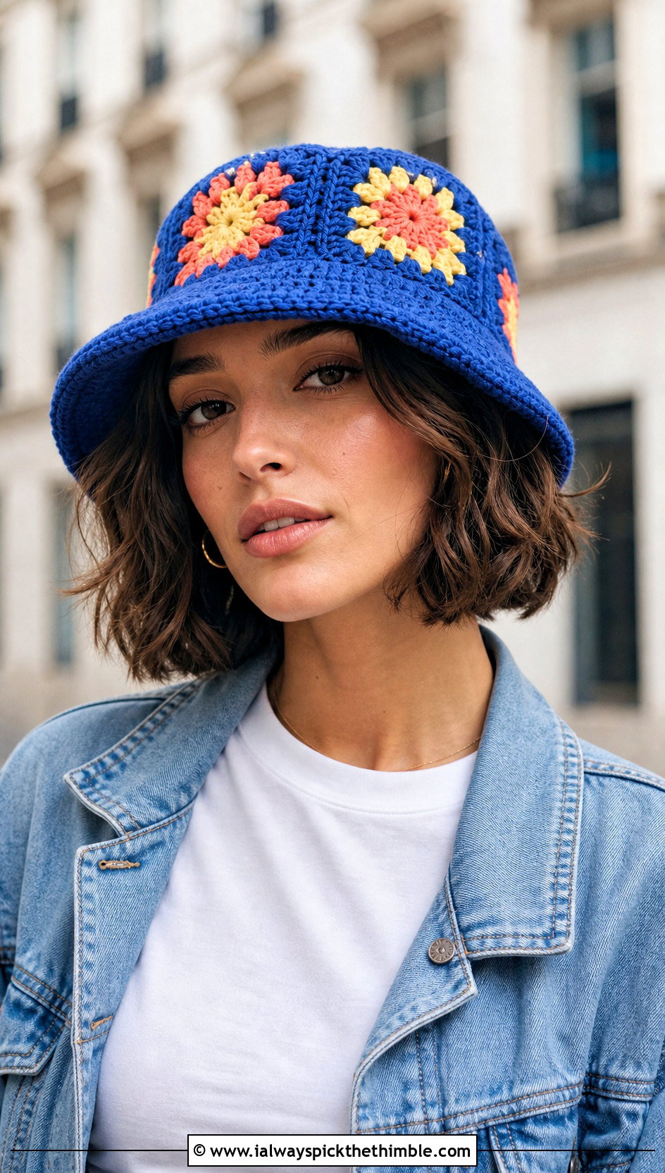 Granny Square Crochet Bucket Hat With Wide Leg Jeans - 15 Crocheted Womens Hats outfit ideas