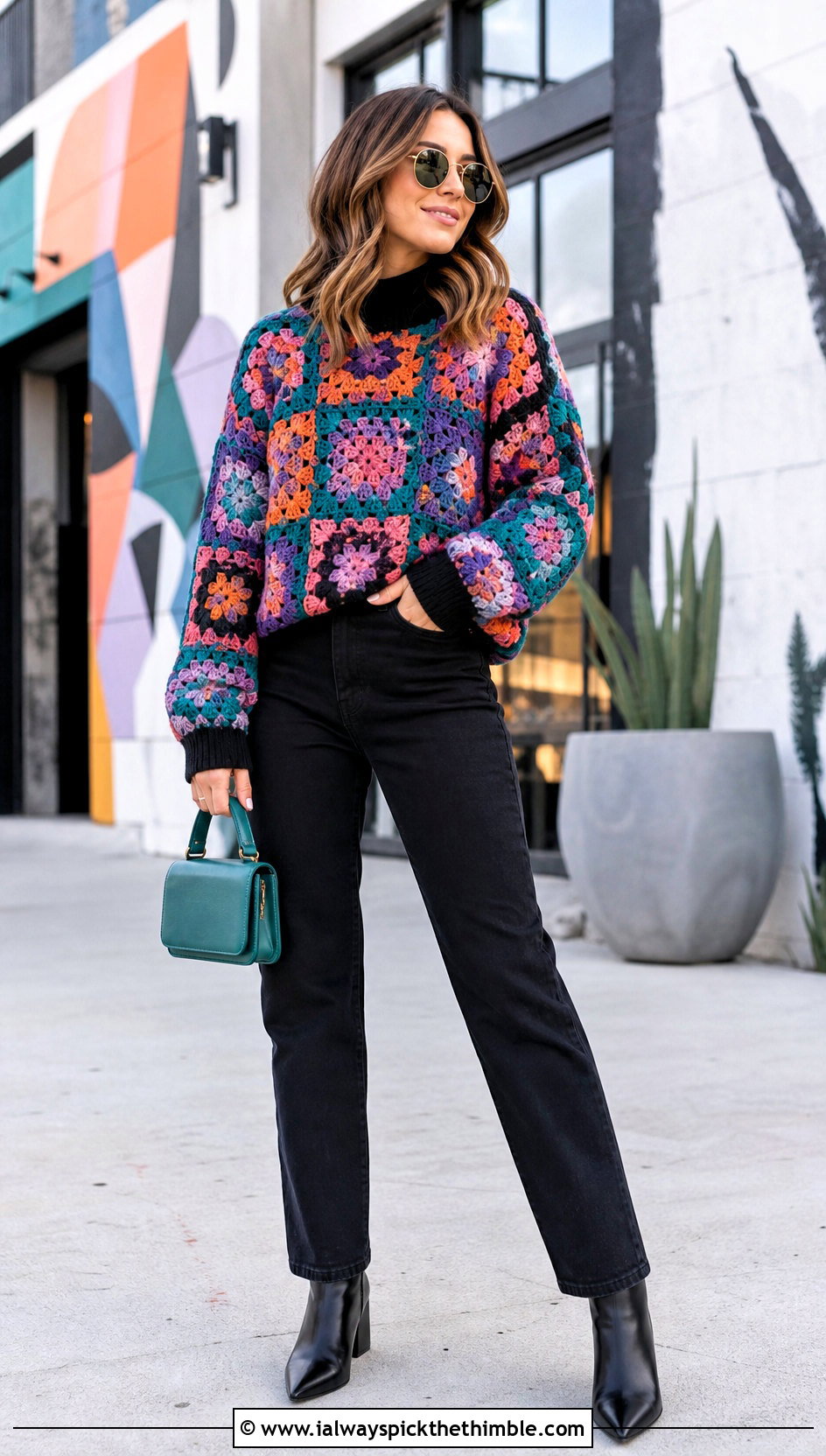 Granny Square Crochet Bulky Sweater With Black Denim - 20 Crochet Bulky Sweater outfit ideas