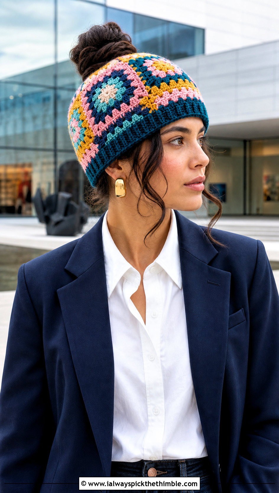 Granny Square Crochet Bun Hat With Blazer And Jeans - 15 Crochet Bun Hats outfit ideas