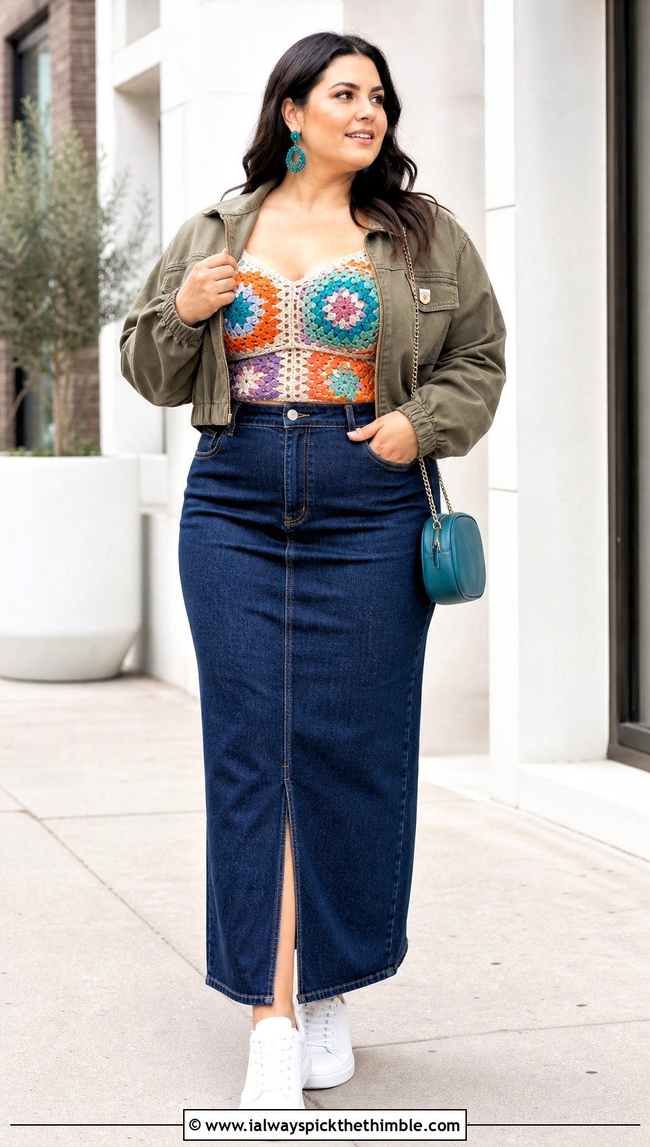 Granny Square Crochet Bustier With Denim Maxi Skirt - 20 crochet bustier outfit ideas