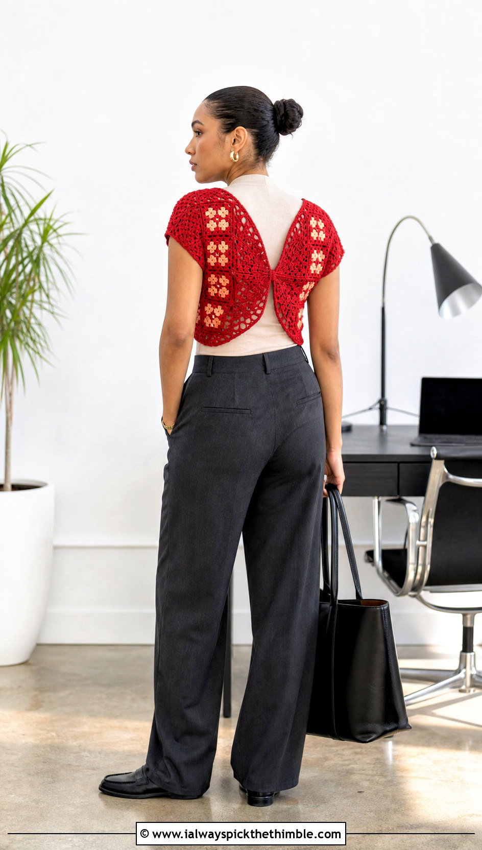 Granny Square Crochet Butterfly Shrug With Wide Leg Trousers - 15 Crochet Butterfly Shrug outfit ideas