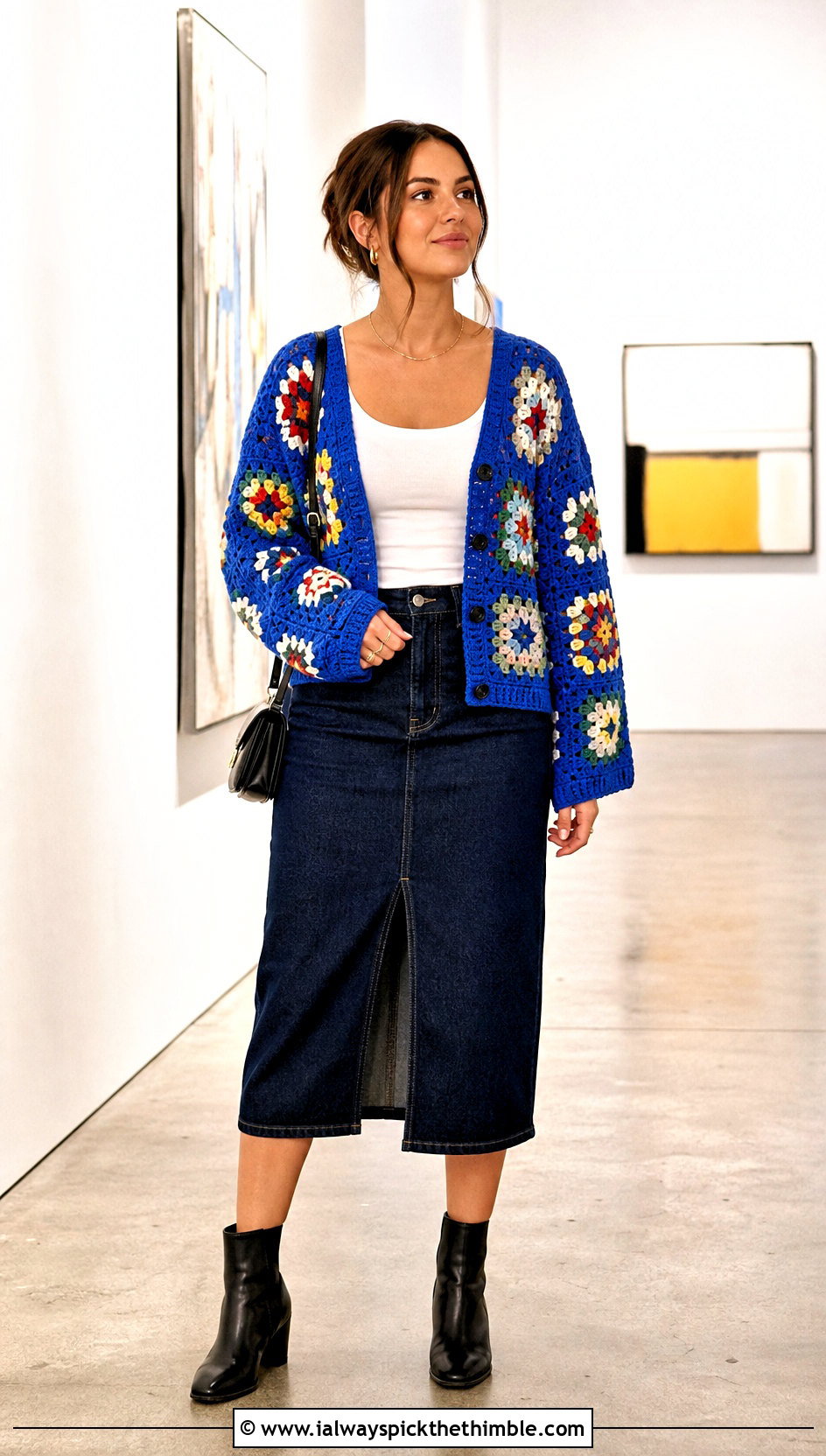 Granny Square Crochet Button Cardigan With Denim Midi Skirt - 20 Crochet Button Cardigan outfit ideas
