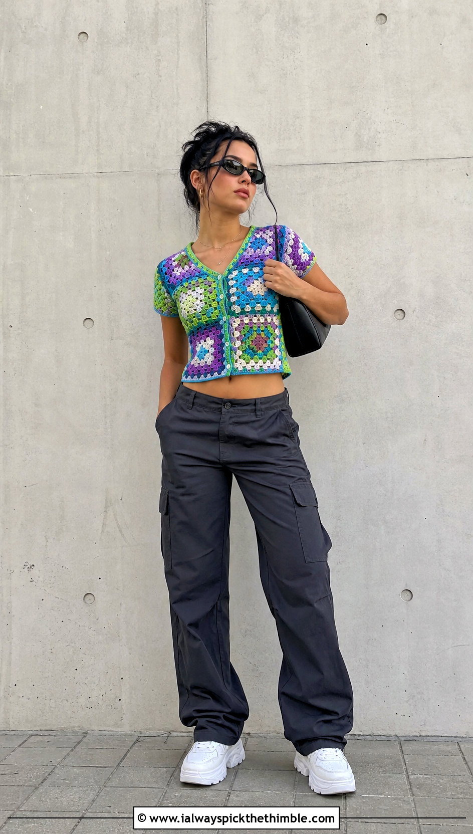 Granny Square Crochet Button Crop Top With Cargo Pants - 15 Crochet Crop Top With Buttons outfit ideas