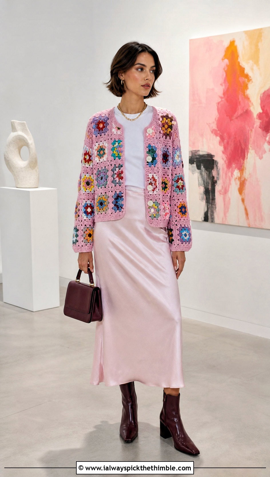 Granny Square Crochet Button Down Cardigan With Satin Slip Skirt - 20 crochet button down cardigan outfit ideas