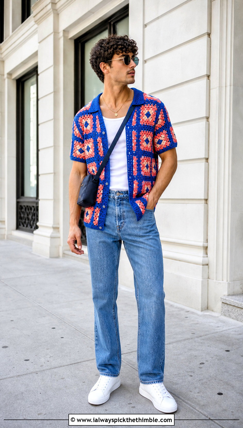 Granny Square Crochet Button Down Shirt With Straight Leg Jeans - 25 crochet man shirt outfit ideas