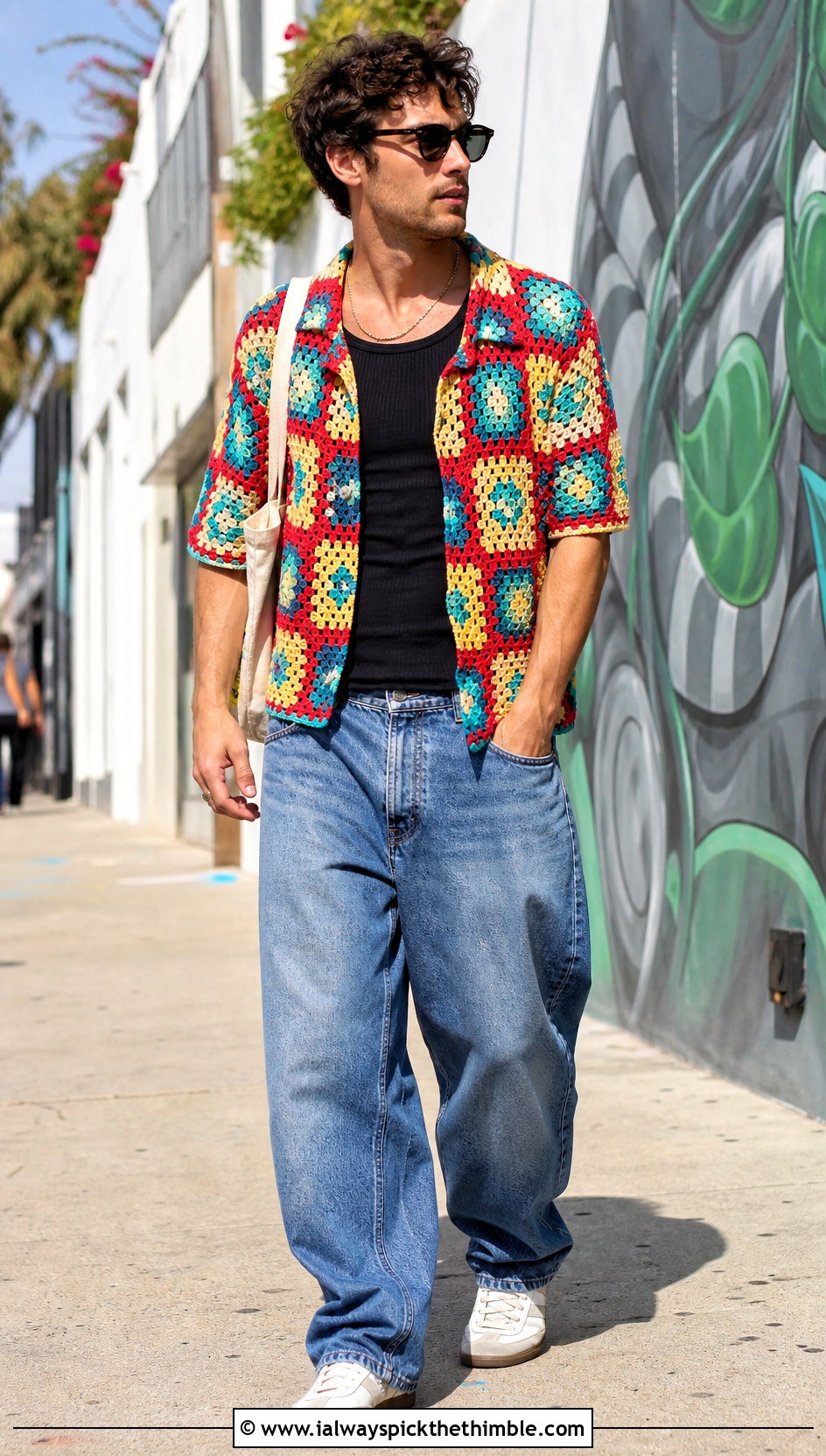 Granny Square Crochet Button Down With Baggy Jeans - 25 crochet outfits for men outfit ideas