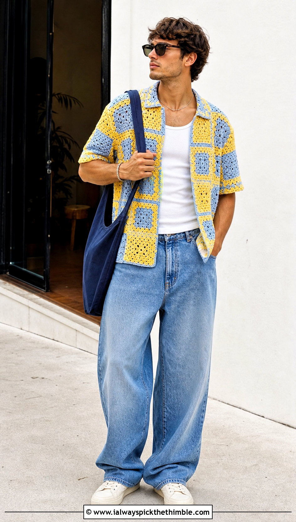 Granny Square Crochet Button Down With Baggy Jeans - 20 Crochet Guys Clothes and outfit ideas
