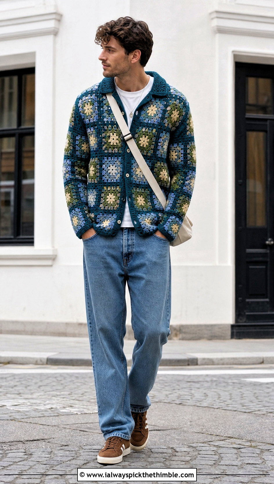 Granny Square Crochet Button Down With Straight Leg Jeans - 20 men crochet top outfit ideas