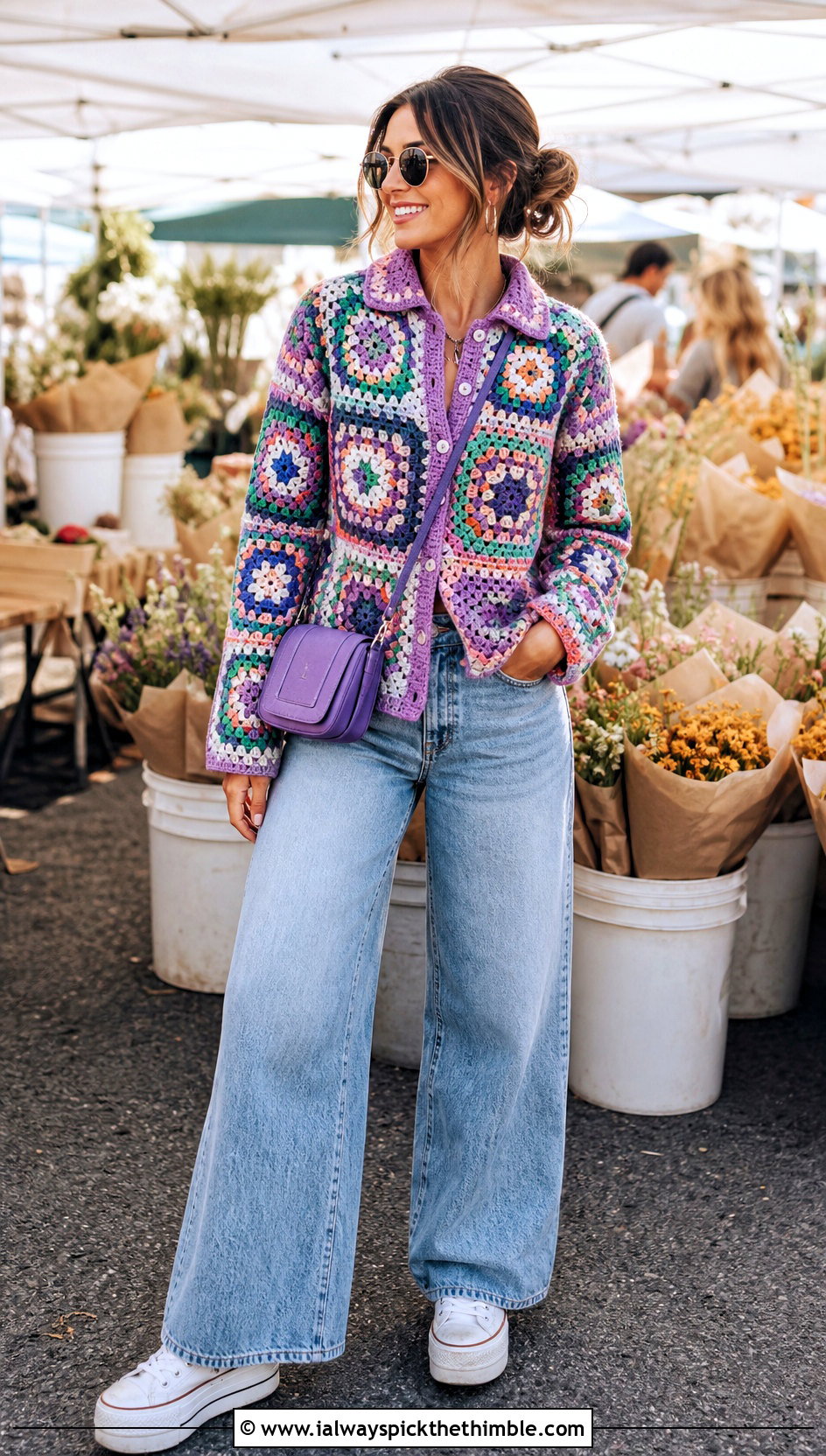 Granny Square Crochet Button Shirt With Wide Leg Jeans - 20 crochet button top outfit ideas