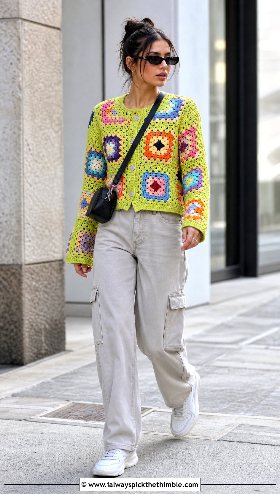 Granny Square Crochet Button Sweater With Cargo Pants - 15 crochet sweater with button closure outfit ideas