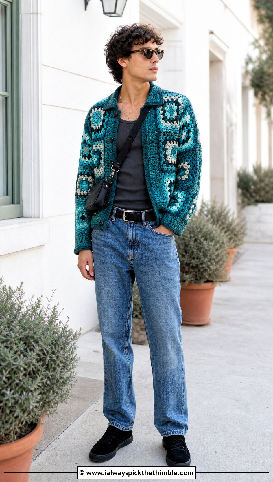 Granny Square Crochet Button Up Shirt With Straight Jeans - 25 crochet mens shirt outfit ideas