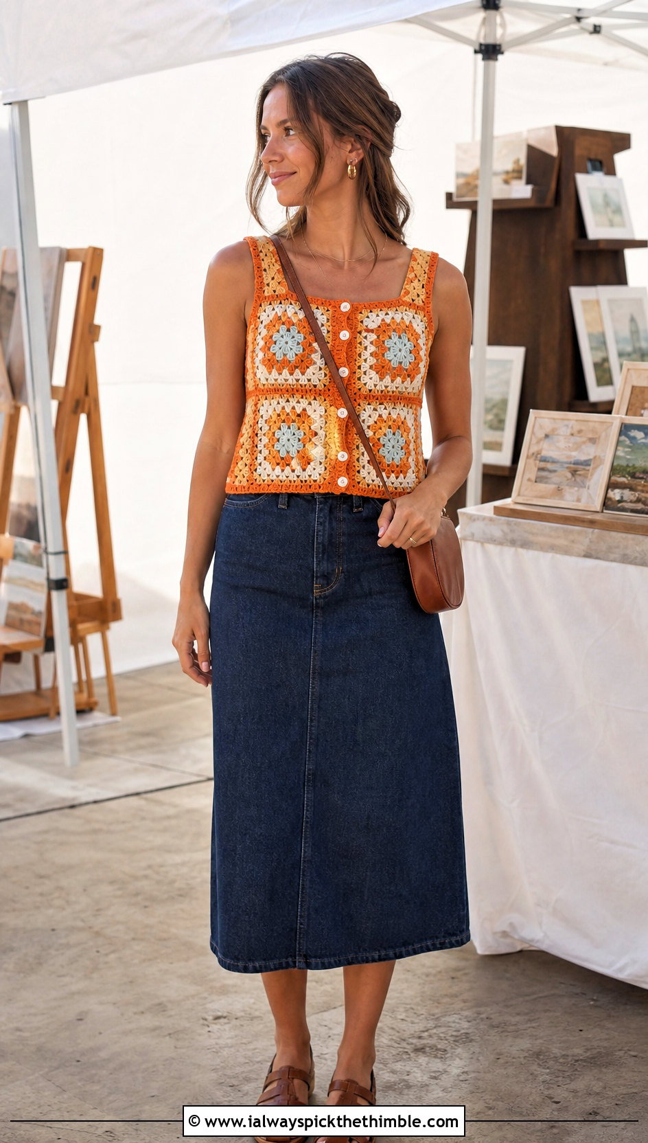 Granny Square Crochet Button Up Tank Top With Denim Skirt - 15 Crochet Button Up Tank Top outfit ideas