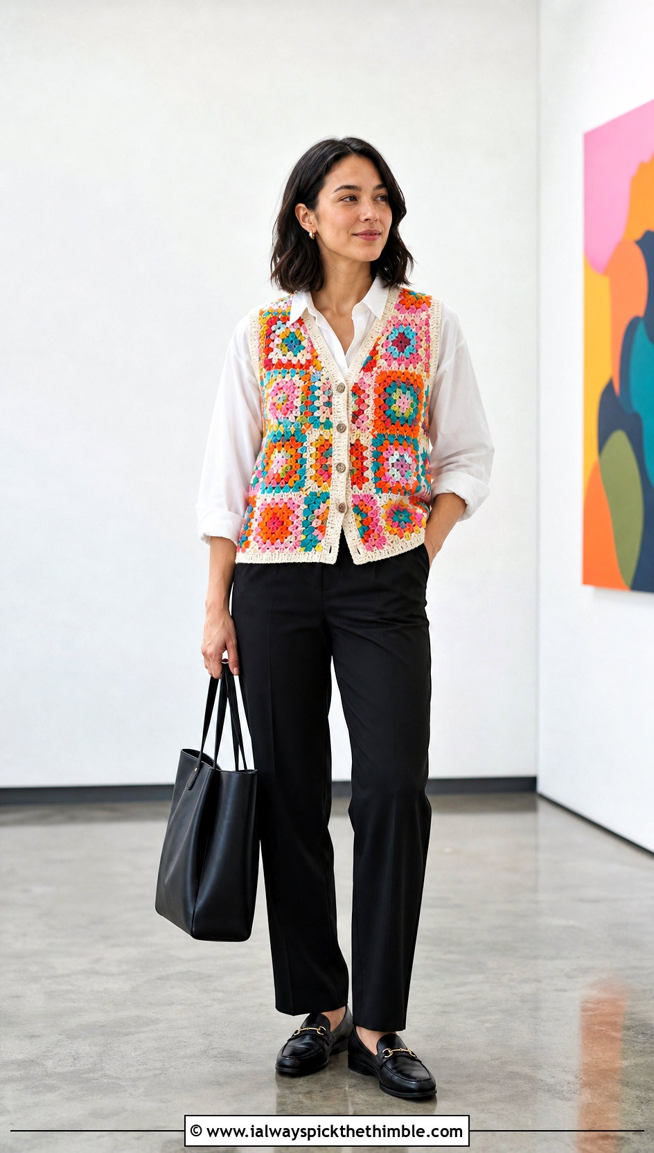 Granny Square Crochet Button Up Vest With White Shirt - 20 Crochet Button Up Vest outfit ideas