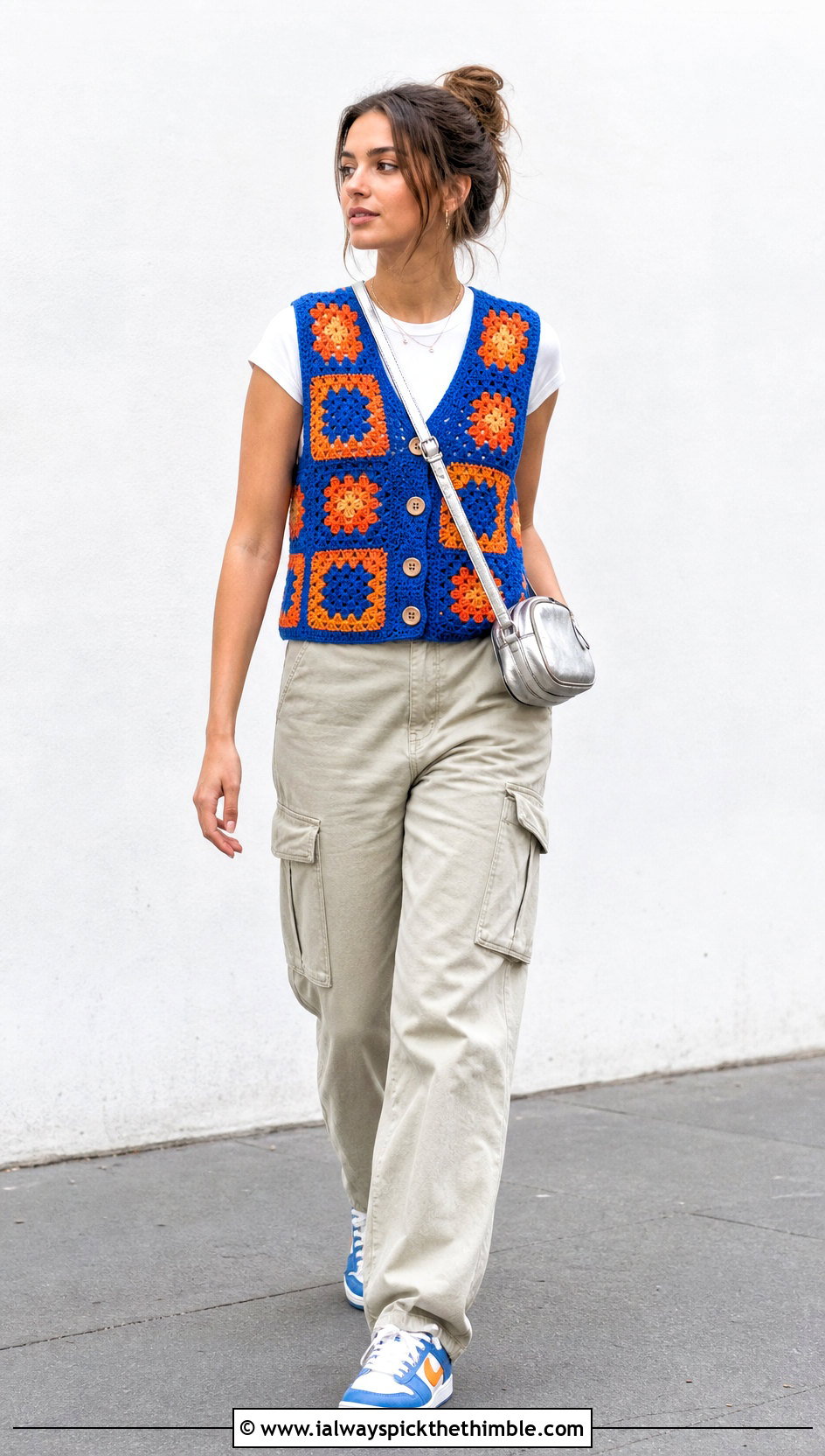 Granny Square Crochet Button Vest With Cargo Pants - 25 crochet button vest outfit ideas