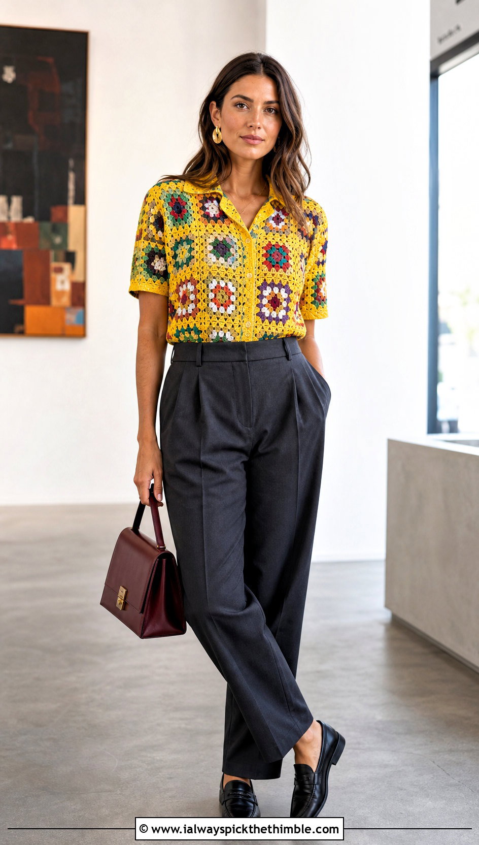 Granny Square Crochet Camp Shirt With Pleated Trousers - 25 crochet shirts outfit ideas