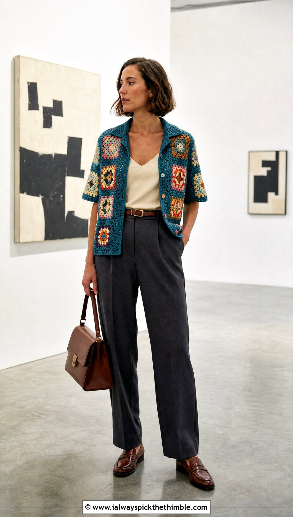 Granny Square Crochet Camp Shirt With Tailored Trousers - 25 crochet shirt for women outfit ideas