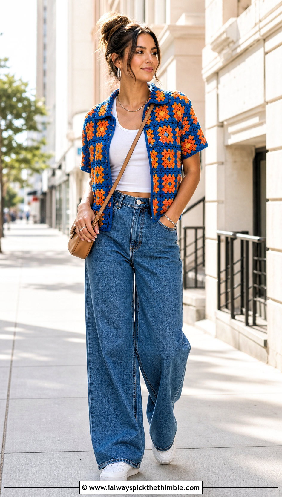 Granny Square Crochet Camp Shirt With Wide Leg Jeans - 15 crochet short sleeve shirt outfit ideas