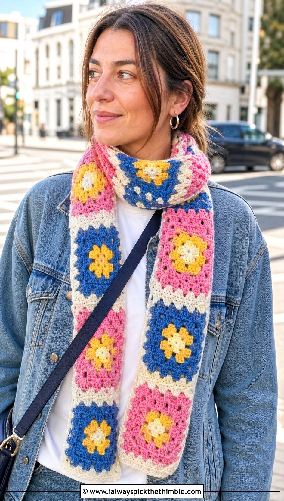 Granny Square Crochet Candy Scarf With Denim Jacket - 15 crochet candy scarf outfit ideas