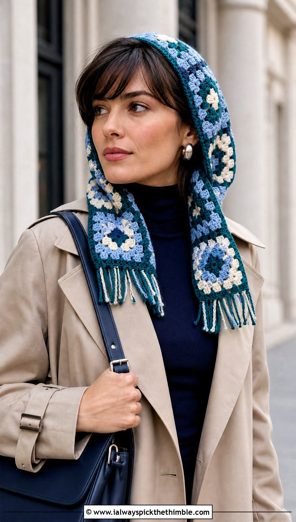 Granny Square Crochet Cap Scarf With Trench Coat - 20 Crochet Cap Scarf outfit ideas
