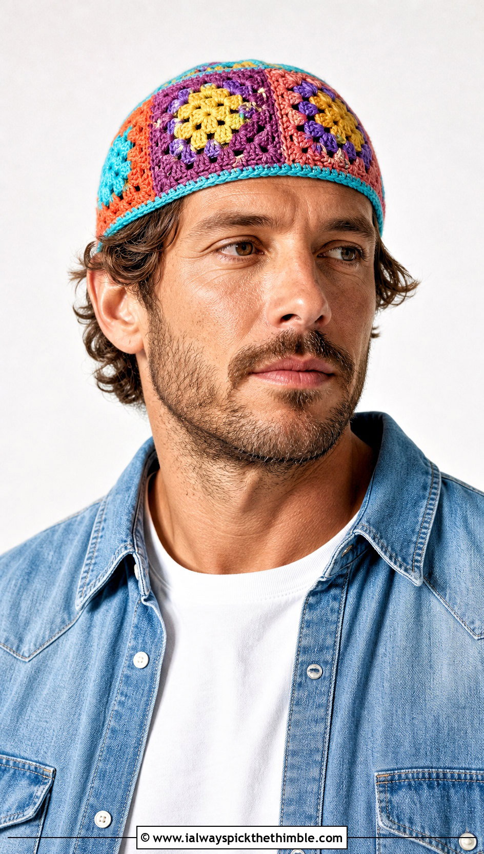 Granny Square Crochet Cap With Denim Shirt - 25 crochet cap for men outfit ideas
