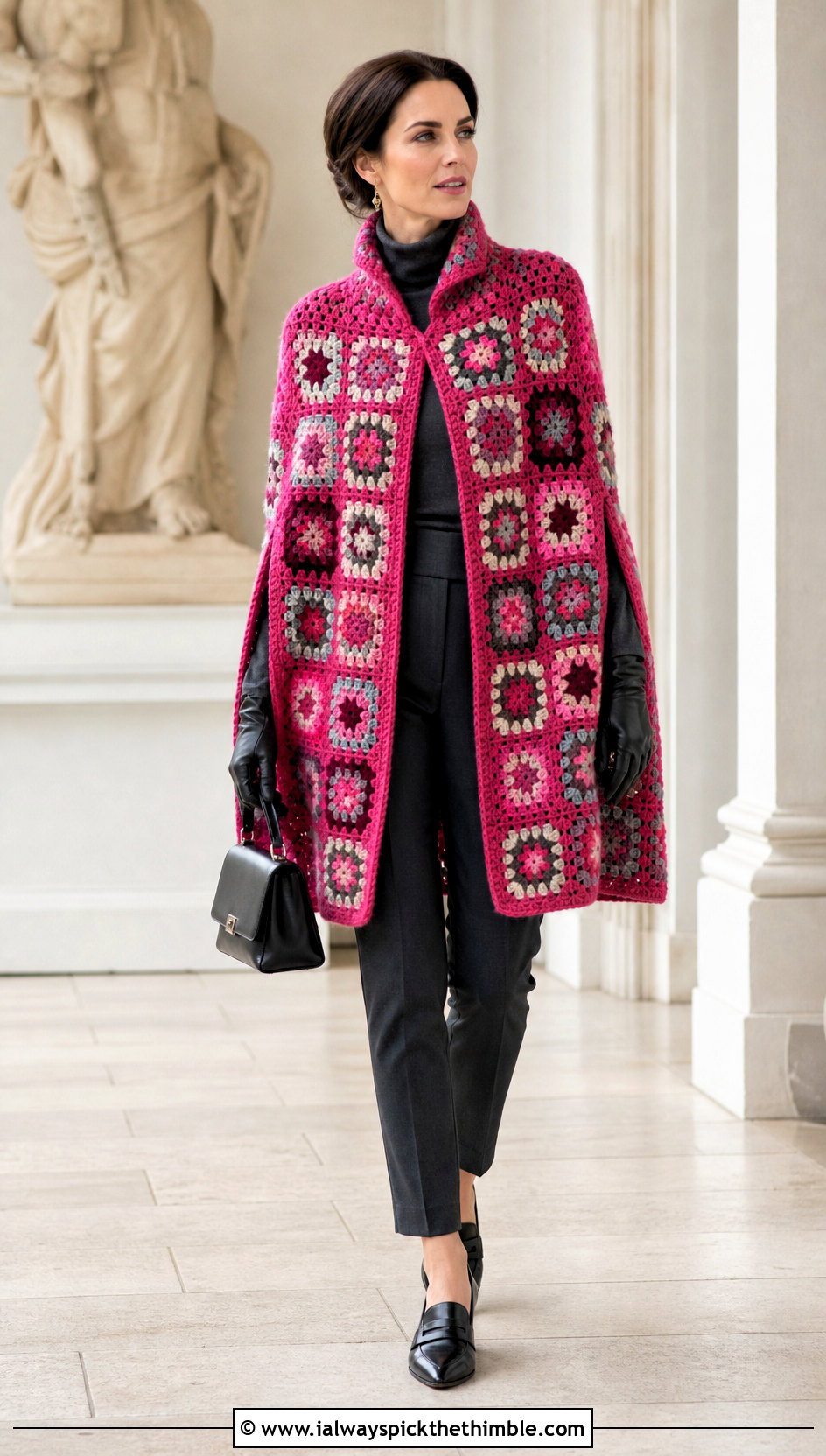 Granny Square Crochet Cape Coat With Slim Trousers - 15 Granny Square Crochet Coats & Jackets outfit ideas