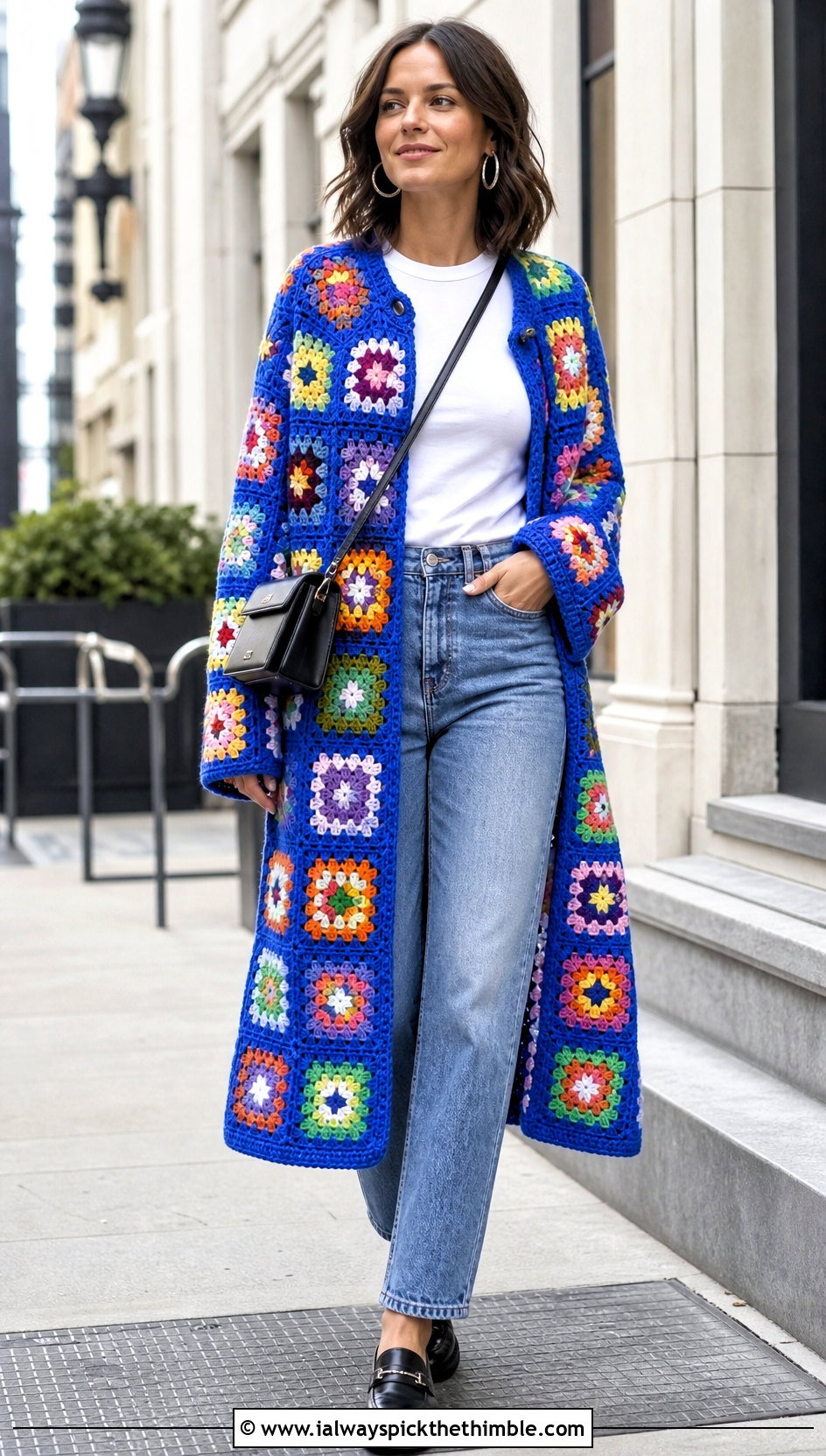 Granny Square Crochet Cape Coat With Straight Leg Jeans - 15 Crochet Cape Coat outfit ideas
