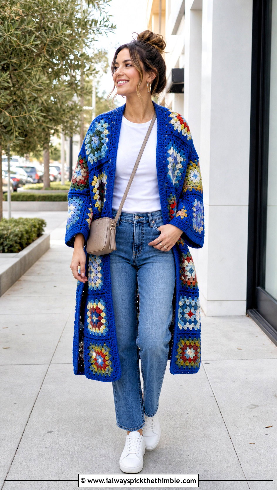 Granny Square Crochet Cape With Straight Leg Jeans - 25 crochet cape outfit ideas
