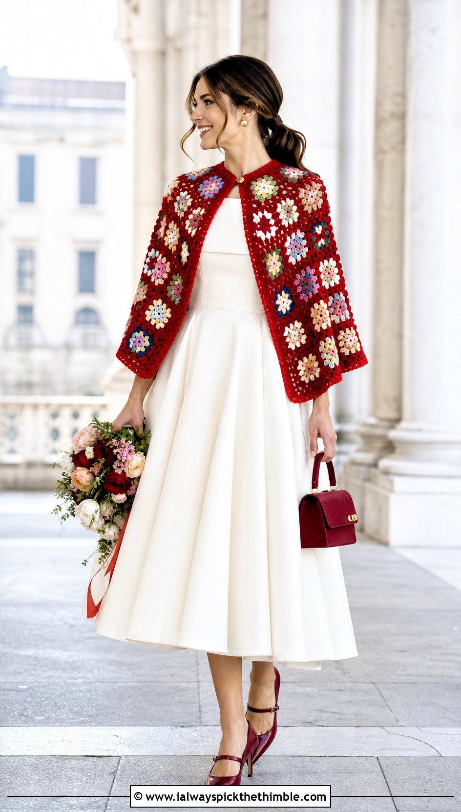 Granny Square Crochet Cape With Tea Length Wedding Dress - 20 Crochet Wedding Cape outfit ideas