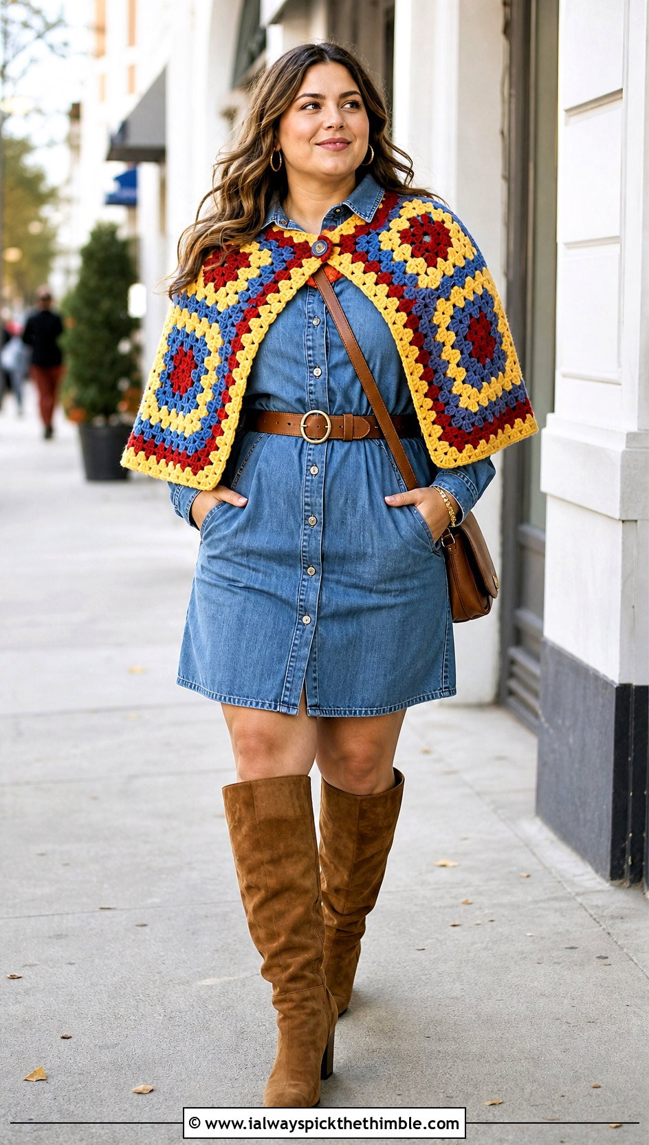 Granny Square Crochet Capelet With Denim Shirt Dress - 25 crochet capelet outfit ideas