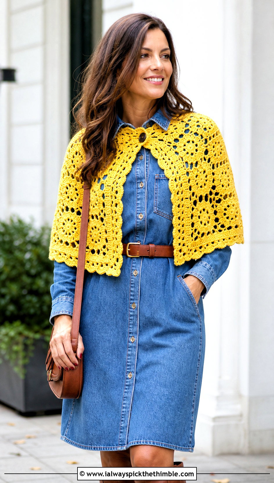 Granny Square Crochet Caplet Shawl With Denim Shirt Dress - 20 crochet caplet shawl outfit ideas