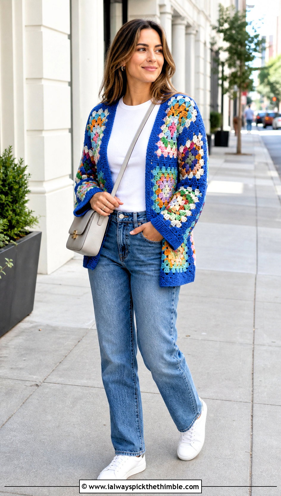 Granny Square Crochet Cardigan Sweater With Straight Leg Jeans - 15 Easy Crochet Cardigan Sweater outfit ideas
