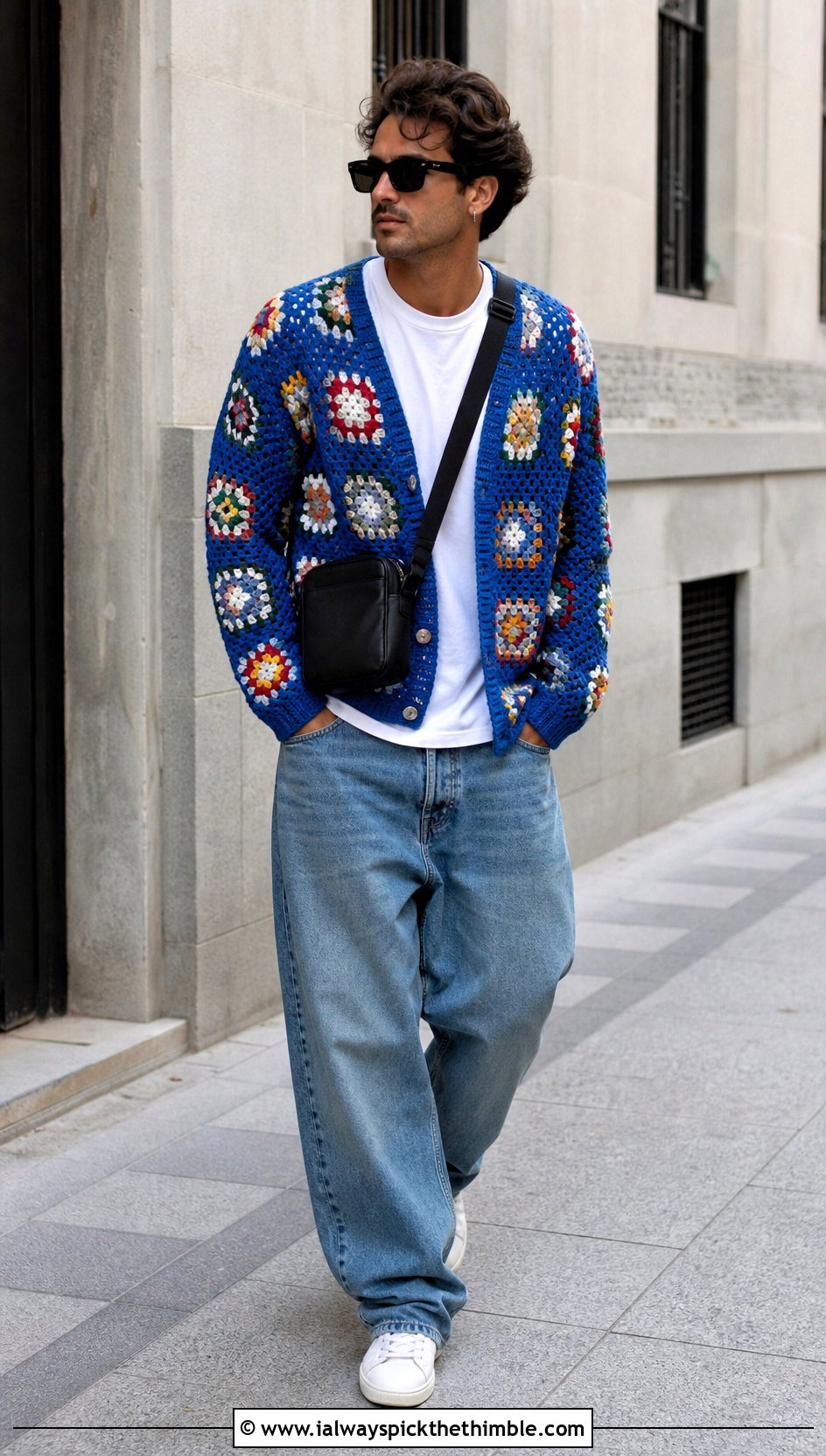 Granny Square Crochet Cardigan With Baggy Jeans - 20 mens crochet cardigan sweater outfit ideas