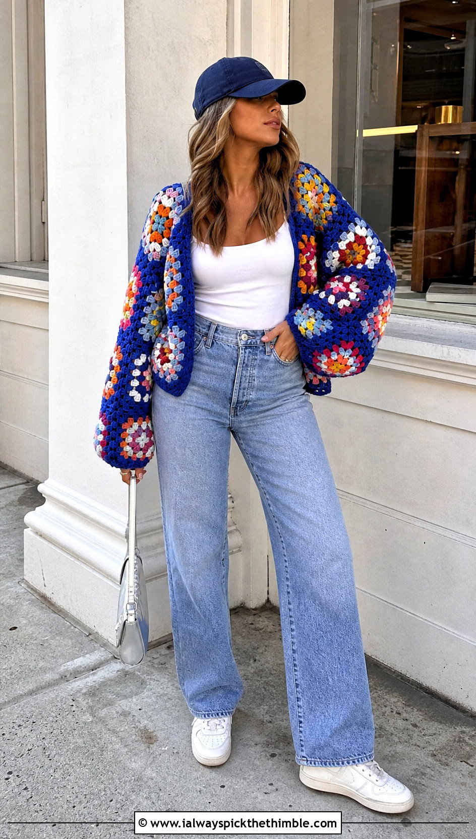 Granny Square Crochet Cardigan With Baseball Cap and Jeans - 15 Crochet Cardigan With Hat outfit ideas