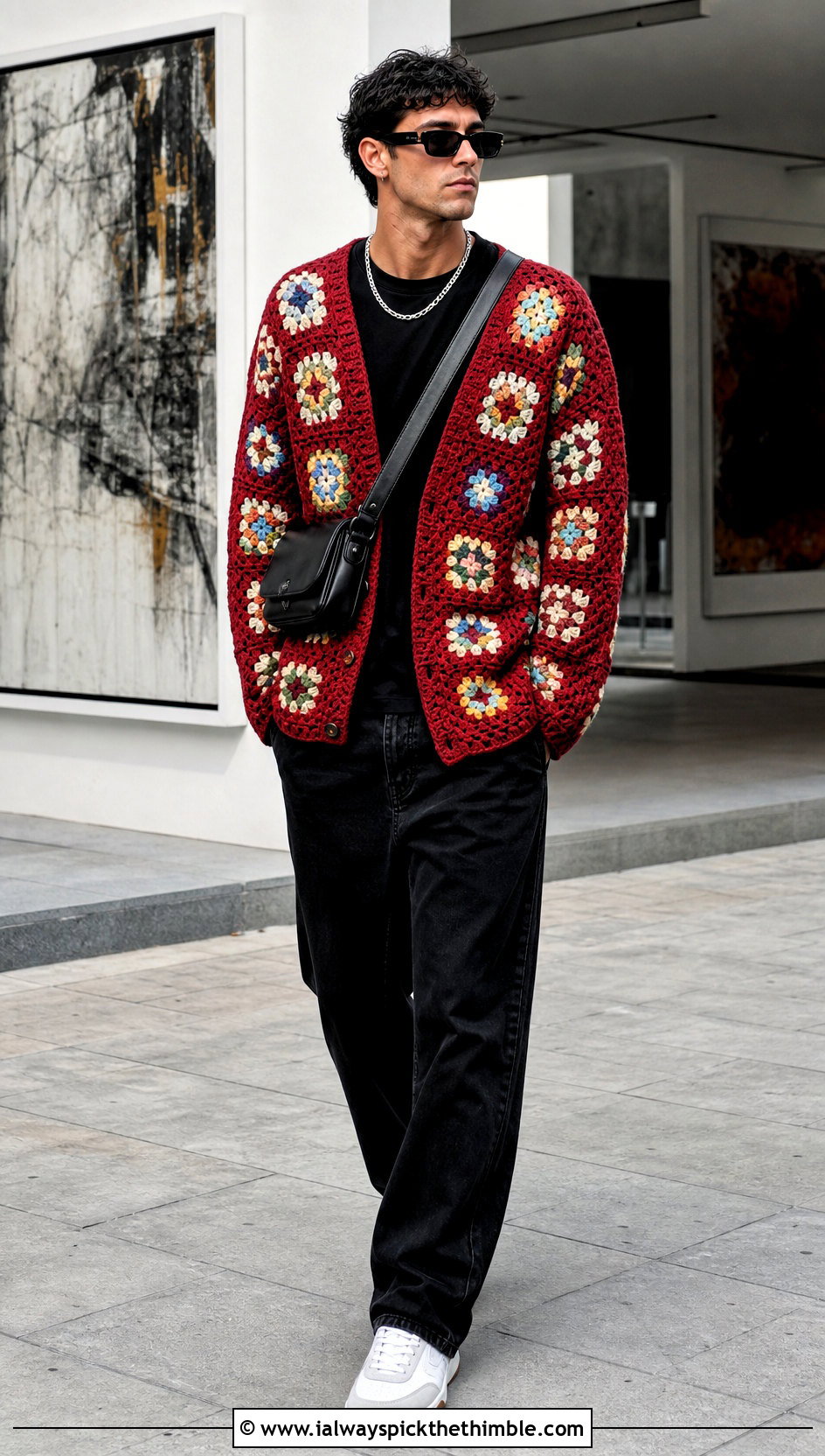 Granny Square Crochet Cardigan With Black Denim - 20 crochet man cardigan outfit ideas
