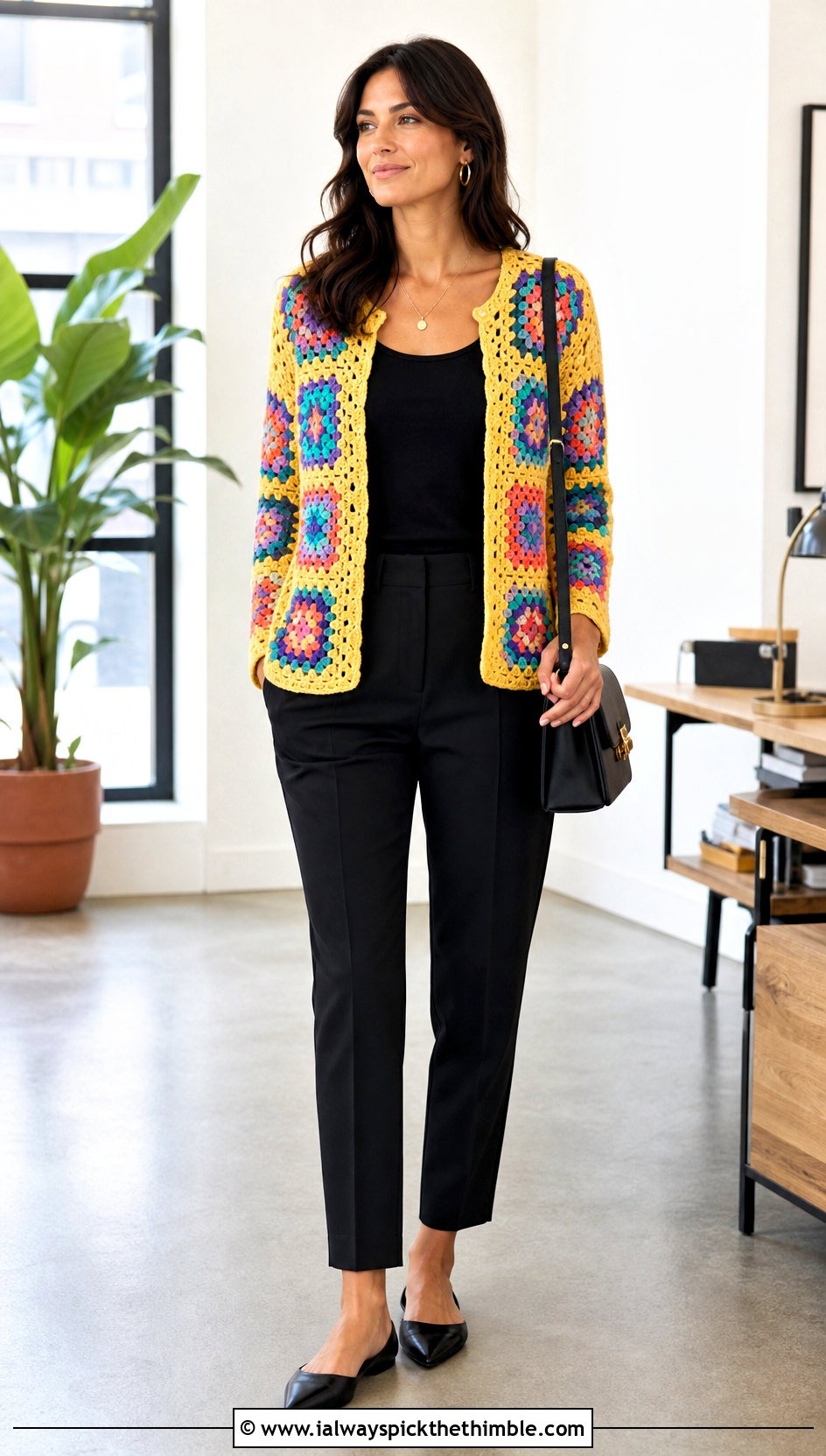 Granny Square Crochet Cardigan With Black Trousers - 20 thick crochet cardigan outfit ideas